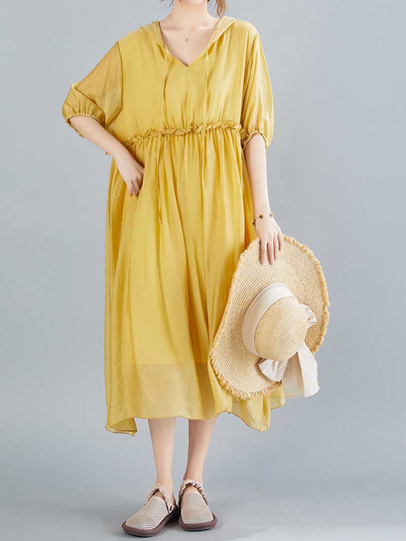 Hooded V-Neck Short Sleeve Pleated Loose A-Line Midi Dress 10