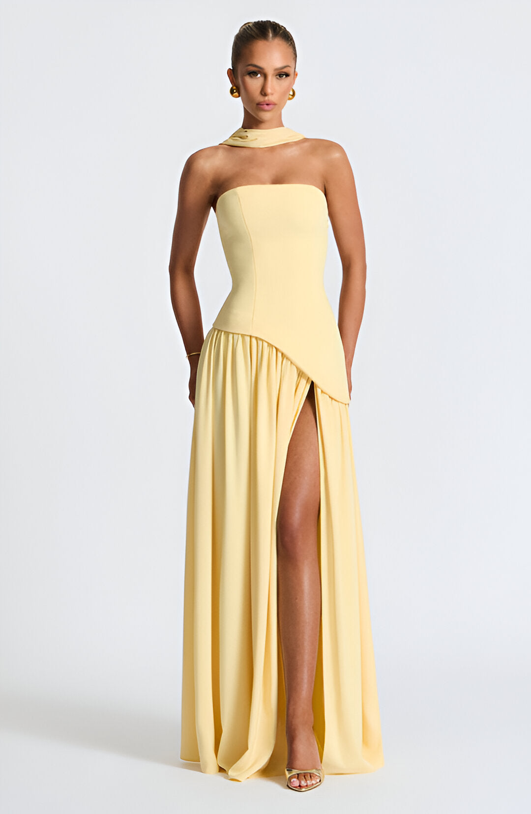 Strapless Neck Scarf Asymmetric High Slit Flowy Maxi Gown 2