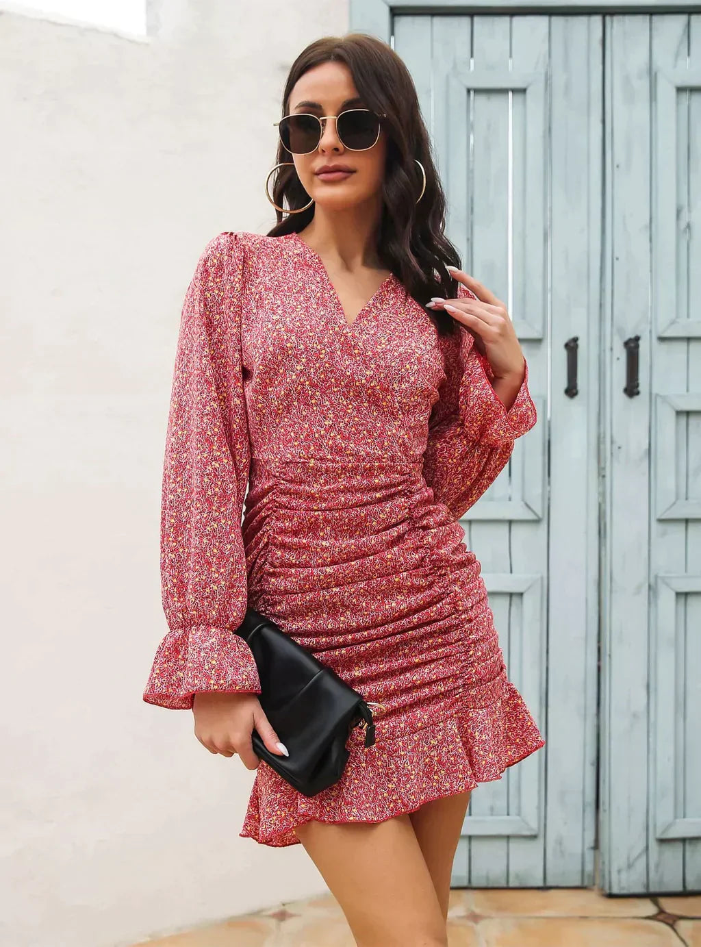 V-Neck Flounce Printed Chiffon Dress With Pleats S / Burgundy Dresses