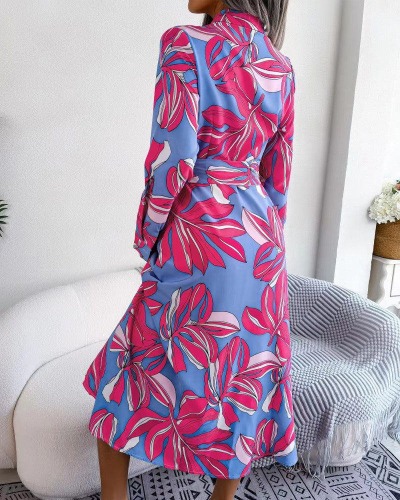 Floral Print Lapel Shirt Dress with Contrast