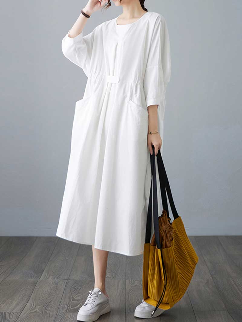 Round Neck Half Sleeve Cinched Waist Pocket Cotton Midi Dress