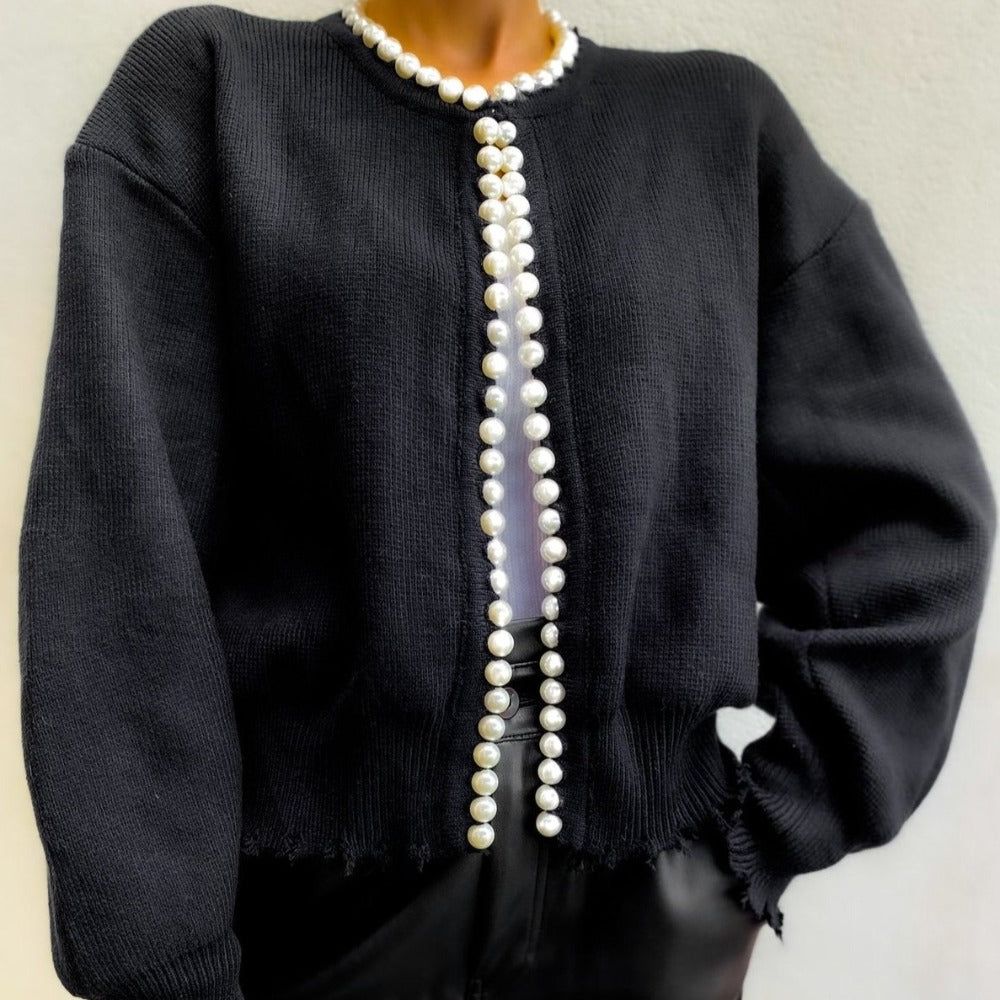 Round Neck Pearl Trim Long Sleeve Knit Cardigan