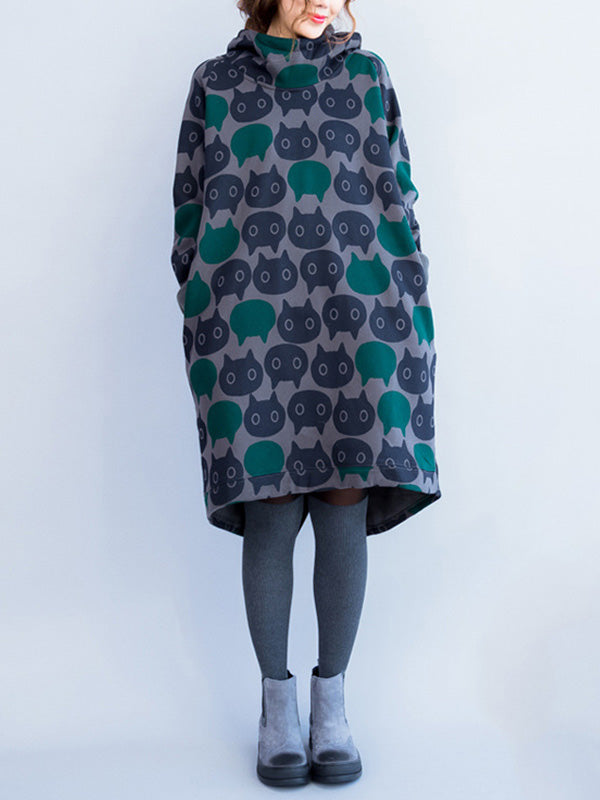 Grey Hooded Cat Print Long Sleeve Oversized Sweatshirt Midi Dress 5