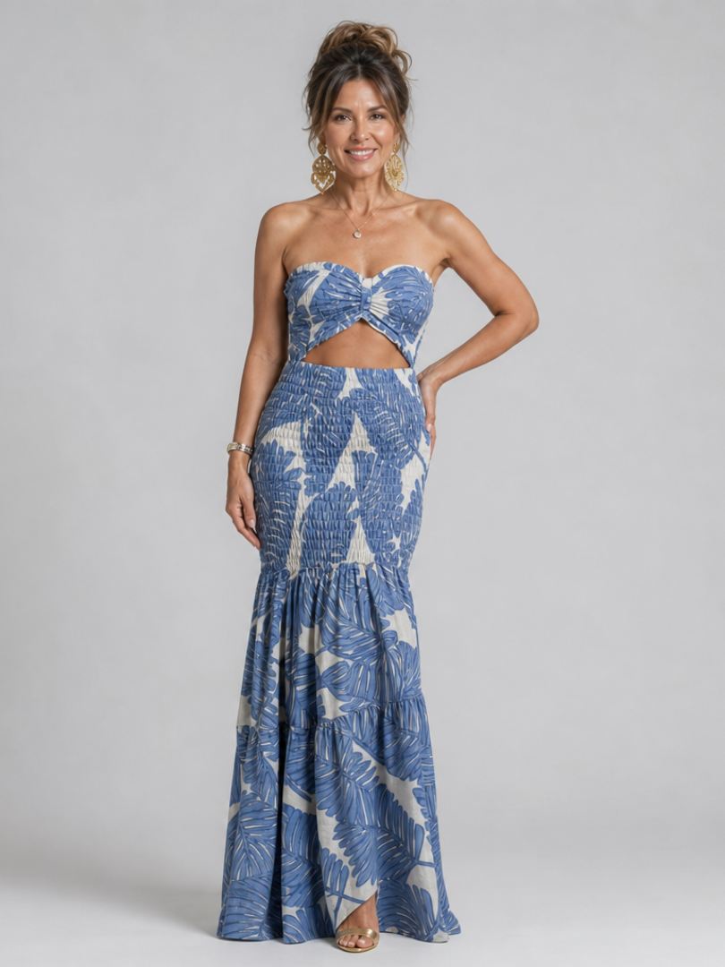 Strapless Sweetheart Twist Front Cutout Palm Print Smocked Mermaid Maxi Dress