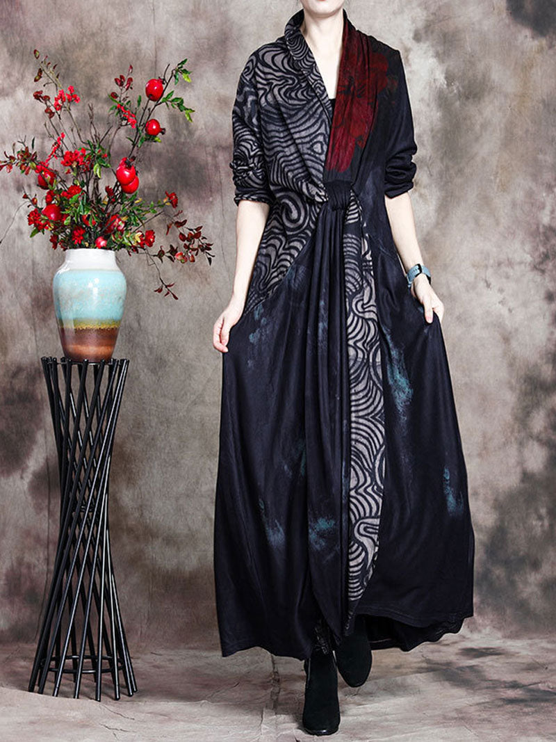 Black Draped Lapel Long Sleeve Abstract Print Asymmetric Maxi Dress