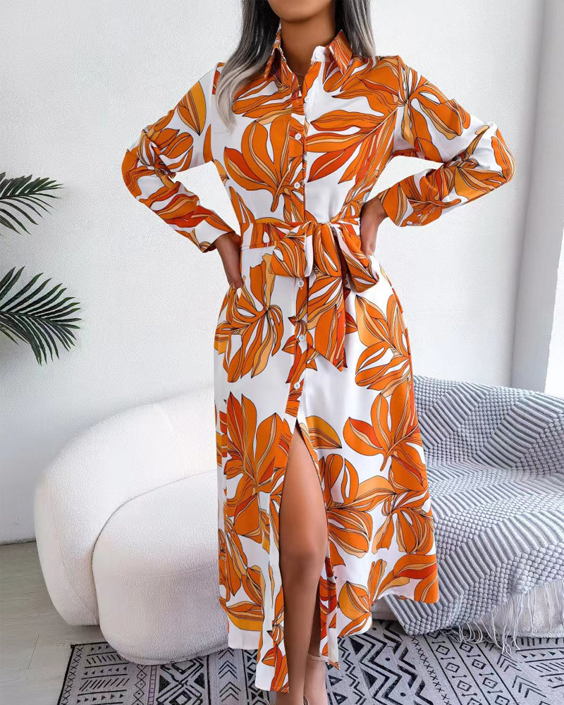 Floral Print Lapel Shirt Dress with Contrast
