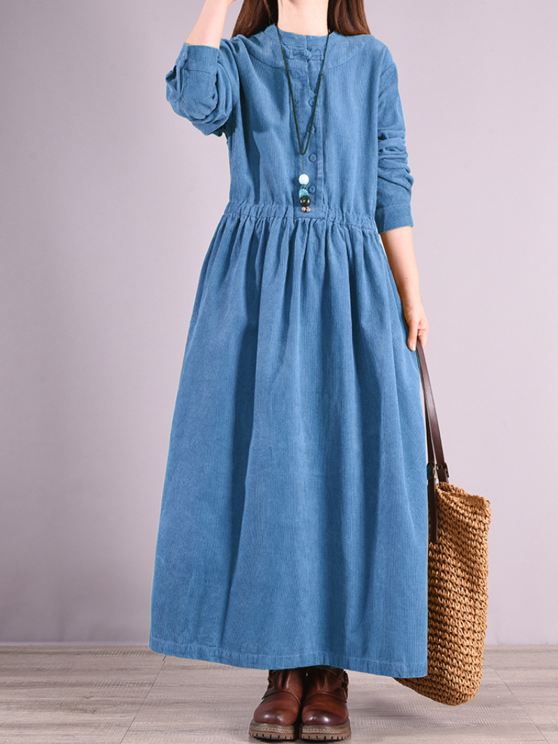 Stand Collar Button Placket Corduroy Long Sleeve Pleated Maxi Dress
