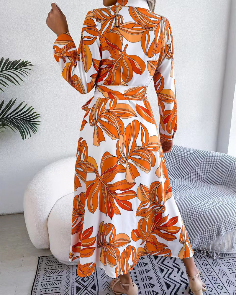 Floral Print Lapel Shirt Dress with Contrast