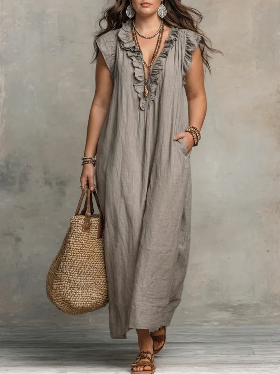 Ruffle V-Neck Flutter Sleeve Linen Relaxed Maxi Dress 2