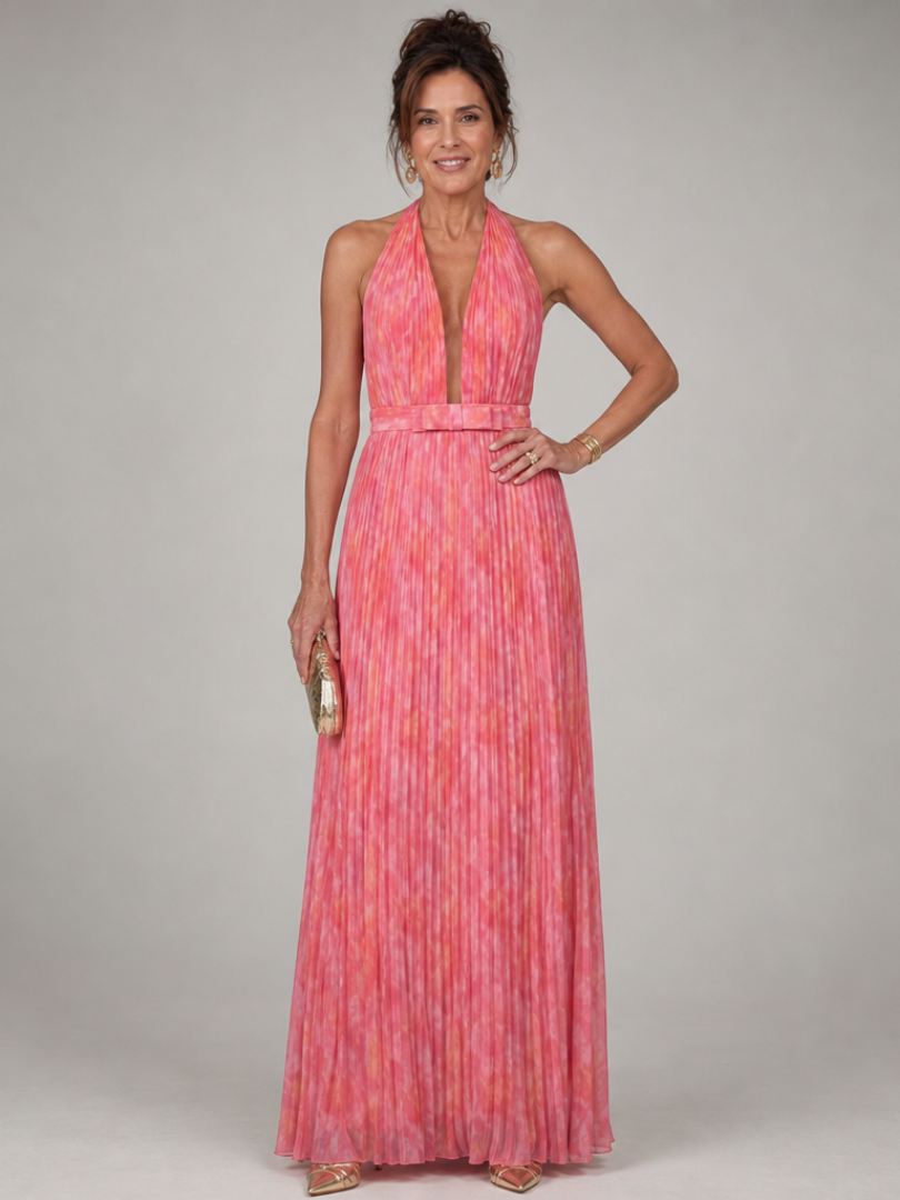 Pink Halter Neck Plunge Pleated Belted A-Line Maxi Gown