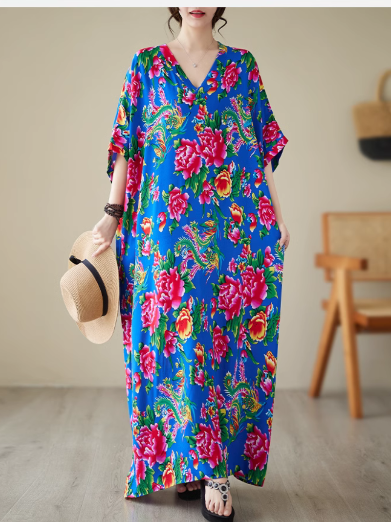 V-Neck Floral Print Batwing Sleeve Loose Kaftan Maxi Dress