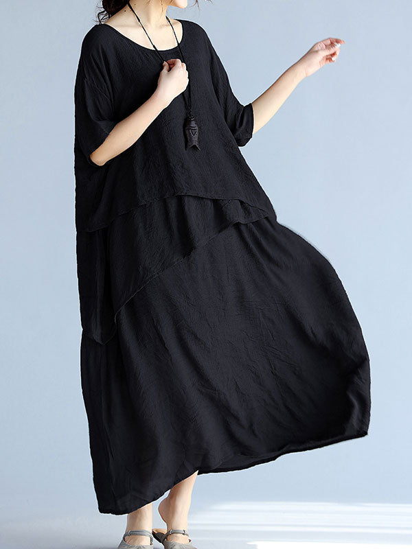 Round Neck Layered Short Sleeve Loose A-Line Linen Maxi Dress 6