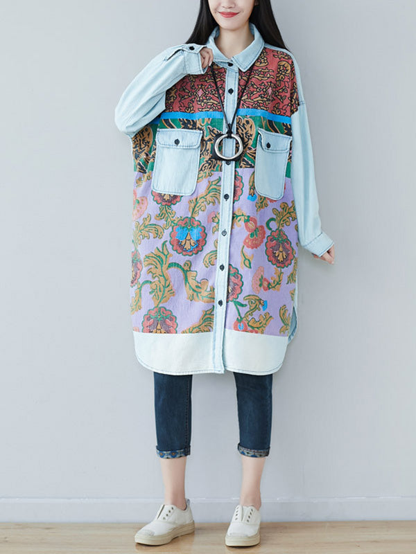 Collared Button Down Floral Print Denim Shirt Midi Dress