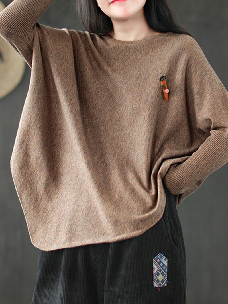Round Neck Batwing Sleeve Carrot Embroidered Loose Knit Sweater 3