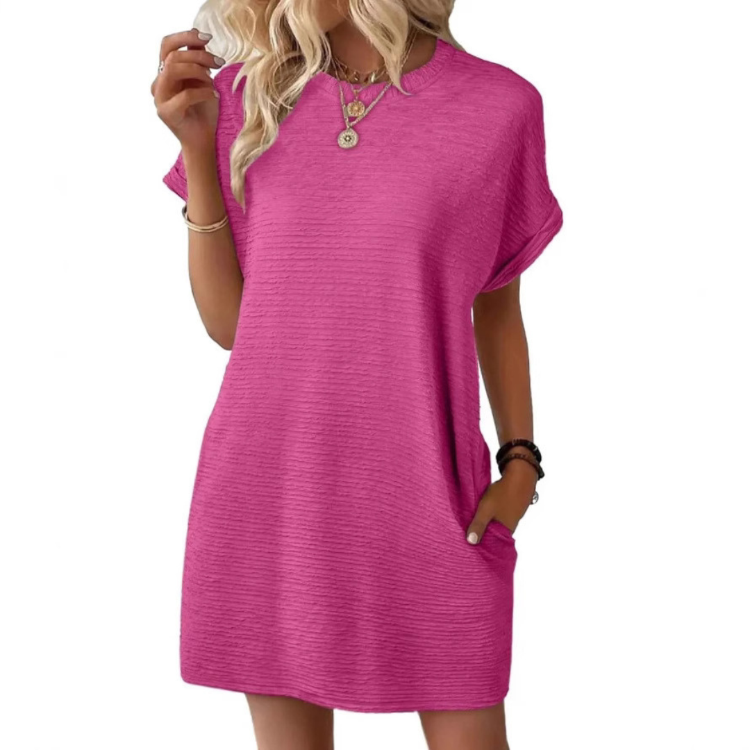 Round Neck Textured Cuffed Sleeve Pocket Shift Mini Dress