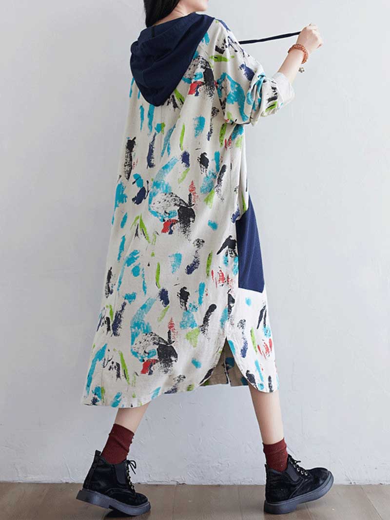 Hooded Button Front Abstract Print Patch Pocket Long Sleeve Midi Dress 3