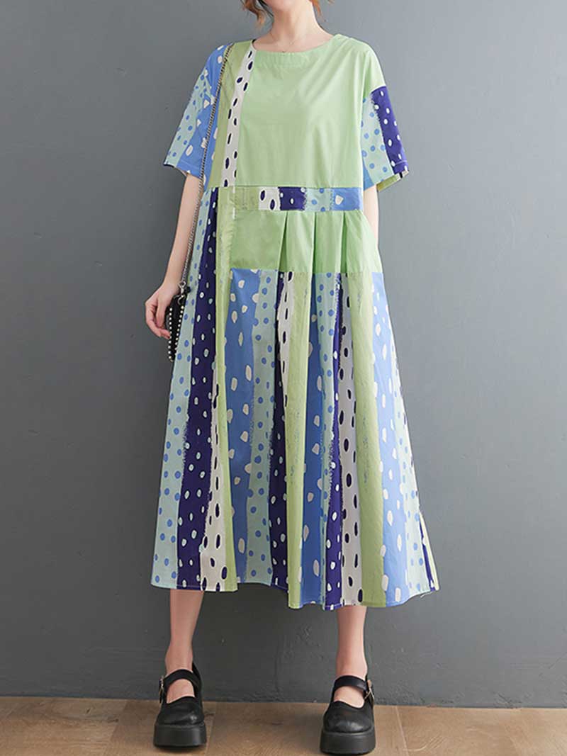 Round Neck Polka Dot Patchwork Short Sleeve Pleated A-Line Midi Dress