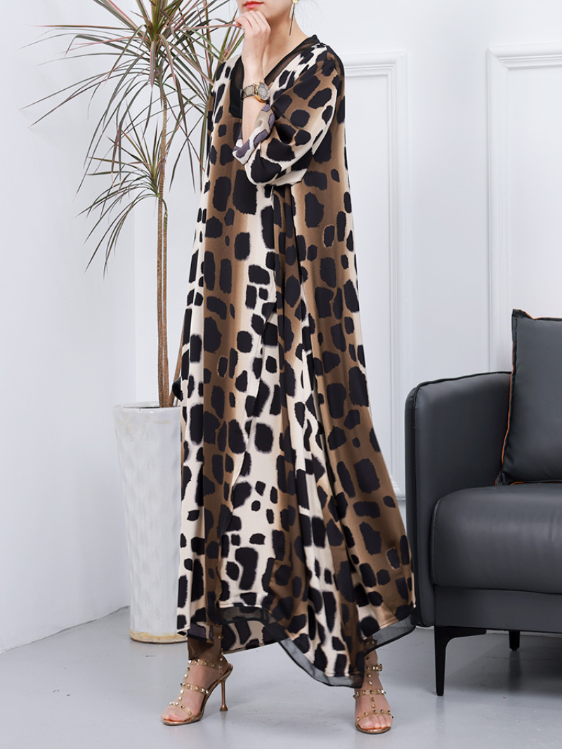 Coffee V-Neck Leopard Print Long Sleeve Loose Kaftan Maxi Dress 2