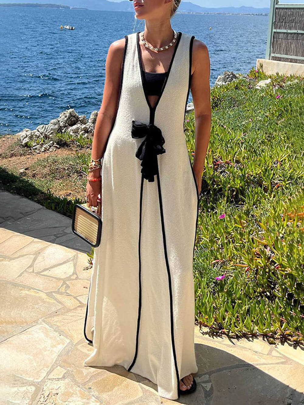 Contrast Color Self-Tie Charming Flowy Oversized Maxi Dress White / S Dresses