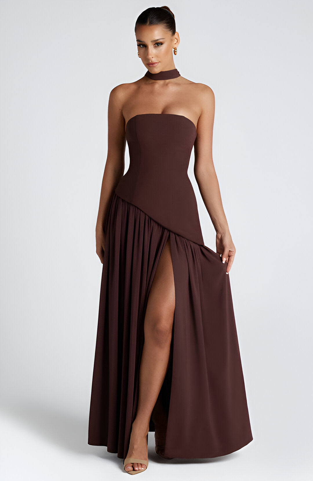 Strapless Neck Scarf Asymmetric High Slit Flowy Maxi Gown 11