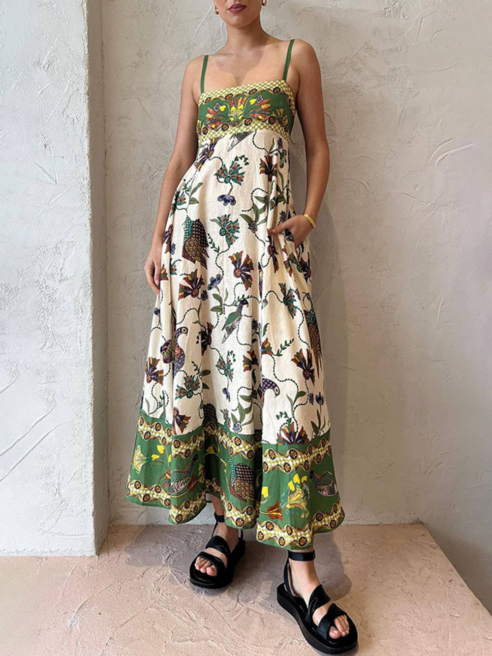 Sun Drenched Unique Print Graceful Smocked Back Pocketed Dress Multicolor / S Dresses