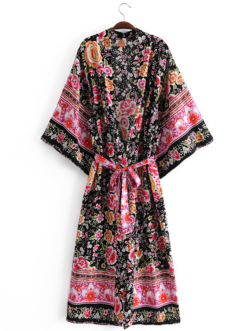Black Allover Floral Print Border Trim Tie Waist Wide Sleeve Long Kimono