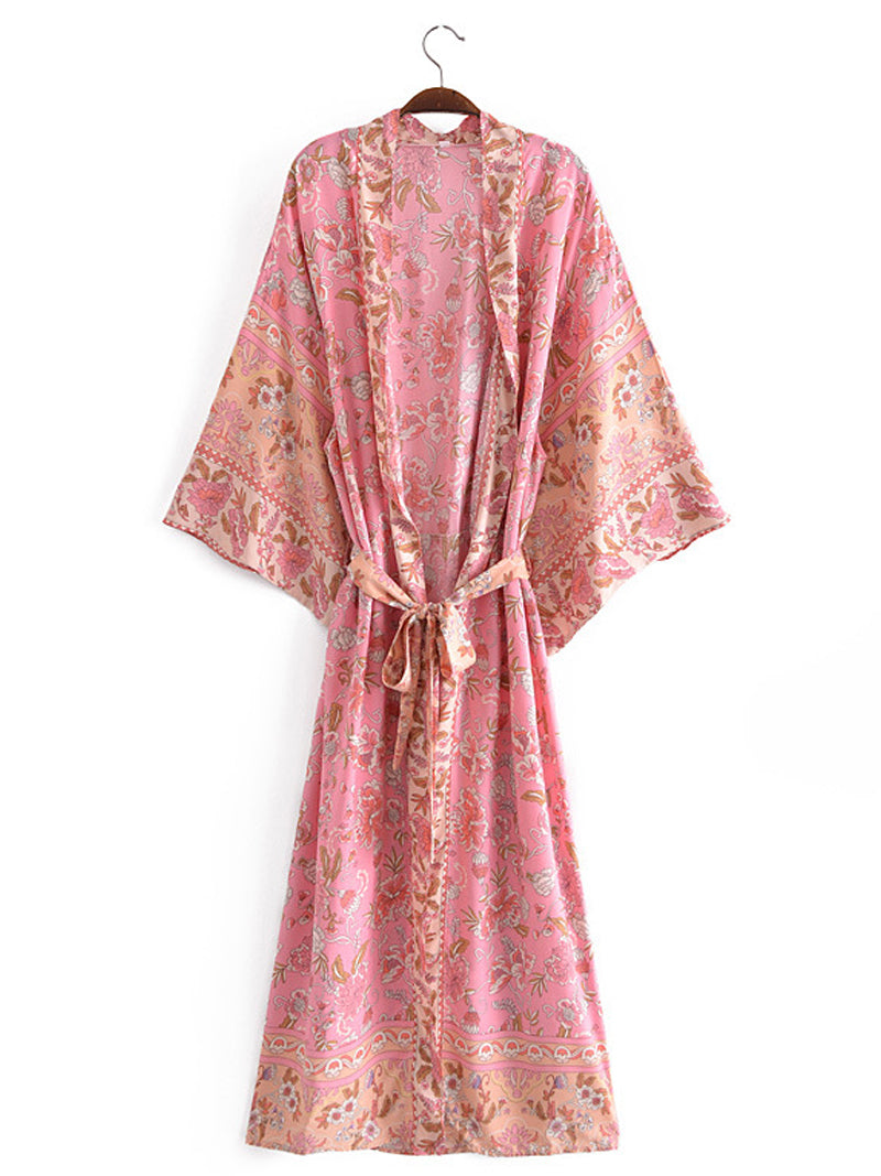Pink Floral Print Tie Waist Long Flare Sleeve Kimono Robe