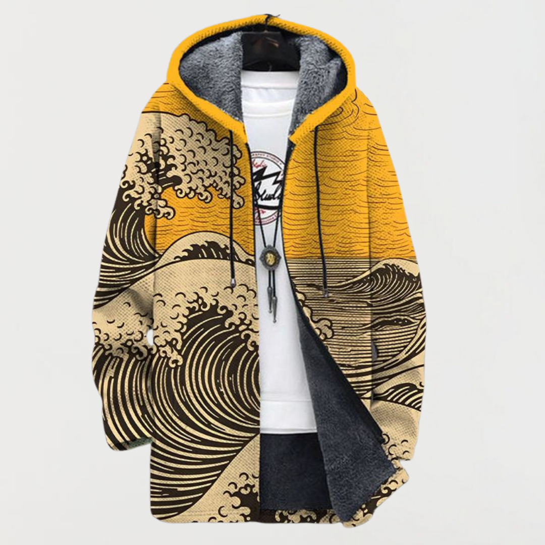 Hooded Wave Print Fleece-Lined Zip Front Coat 3