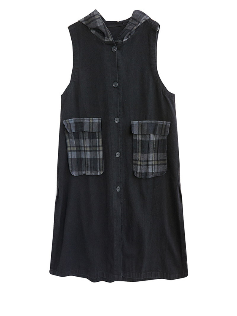 Black Hooded Sleeveless Button Front Plaid Pocket Denim A-Line Midi Dress