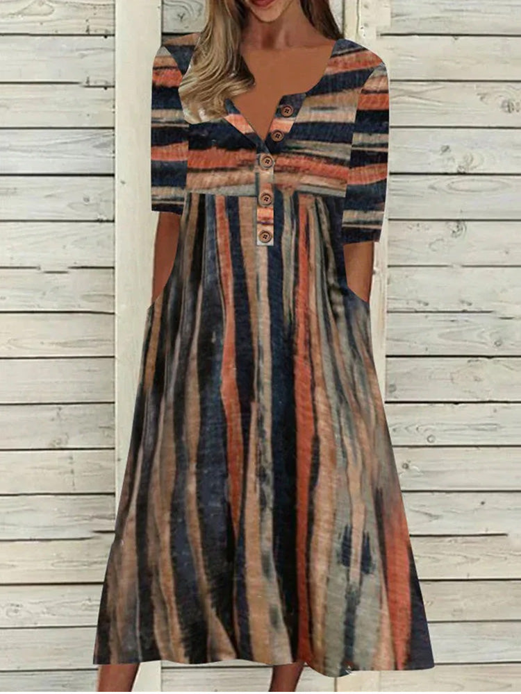 Retro Rustic Vertical Stripe Button Front Midi Dress