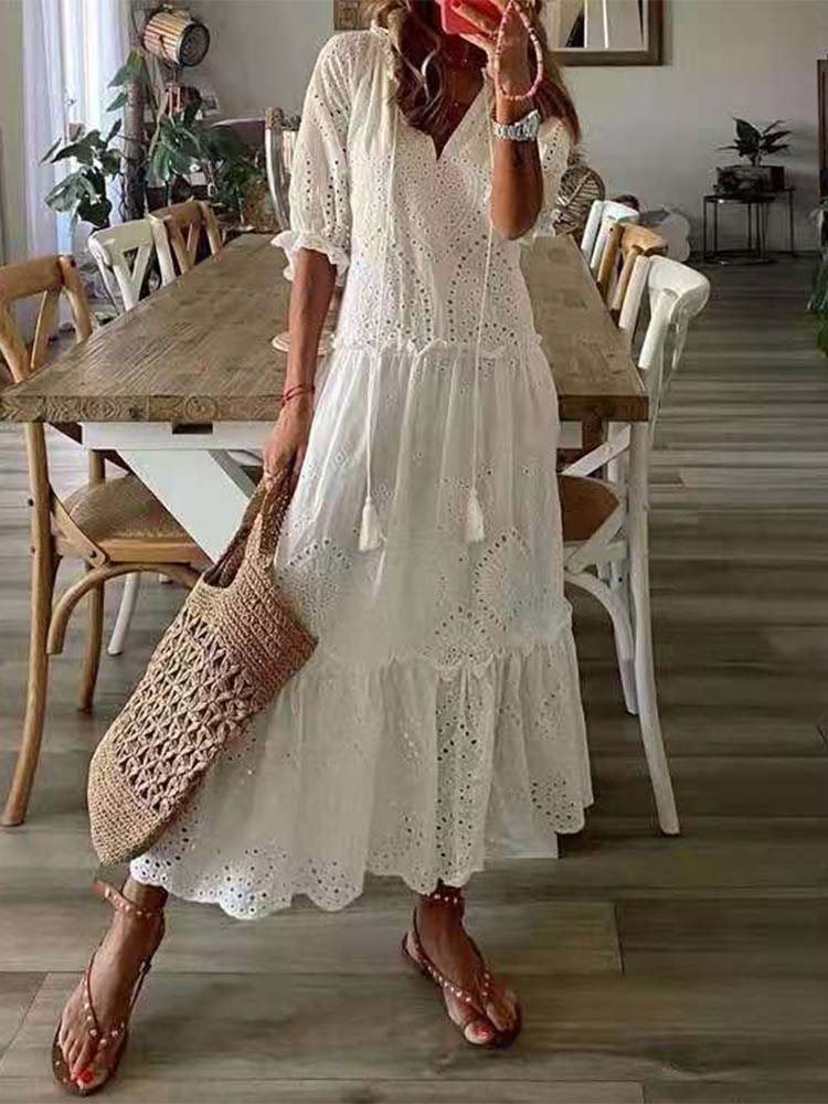 Sailor Blue White Tassel V-Neck Midi Dress