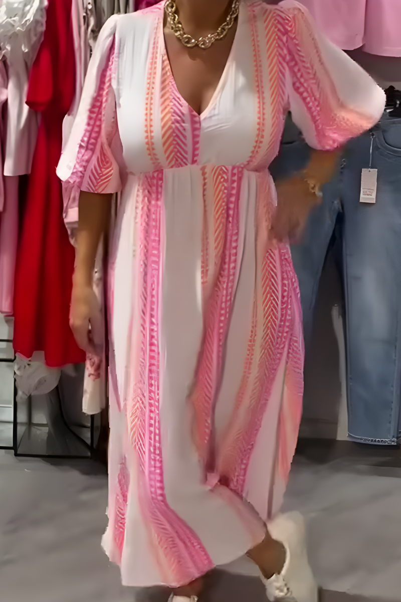 V-Neck Geometric Stripe Puff Sleeve Empire Waist Flowy Maxi Dress