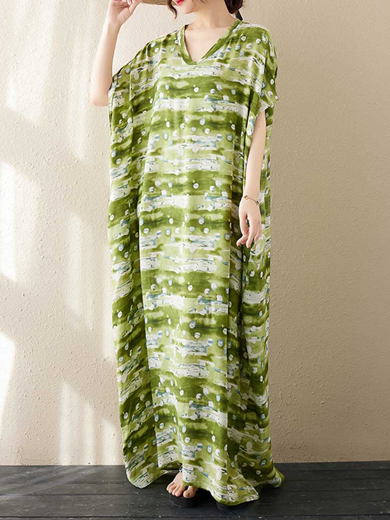 V-Neck Tie-Dye Print Batwing Sleeve Loose Kaftan Maxi Dress