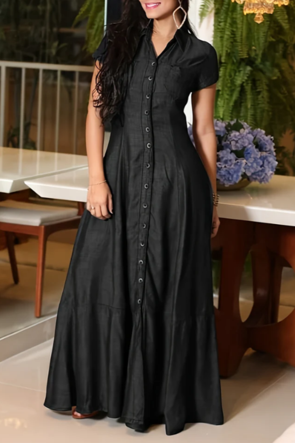 Black Collared Denim Button Front Short Sleeve Pocket A-Line Maxi Dress 2