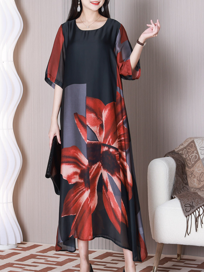 Round Neck Floral Print Short Sleeve Loose A-Line Maxi Dress
