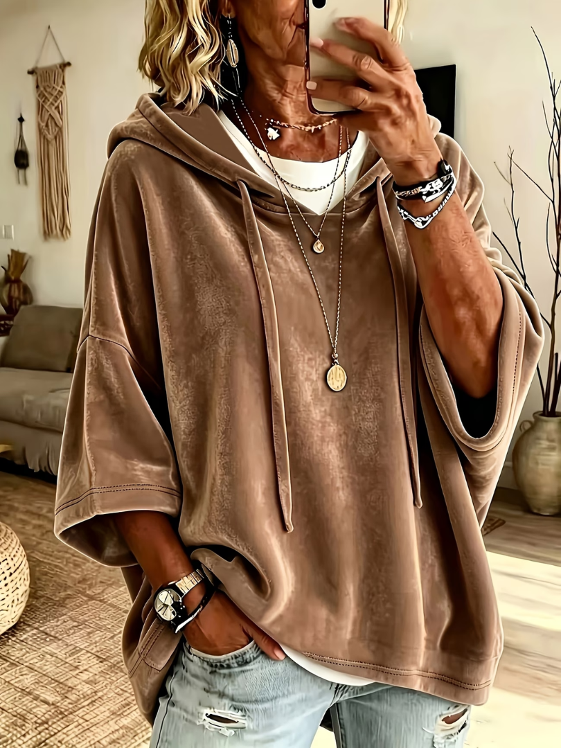 Hooded Drawstring Batwing Sleeve Oversized Velour Hoodie