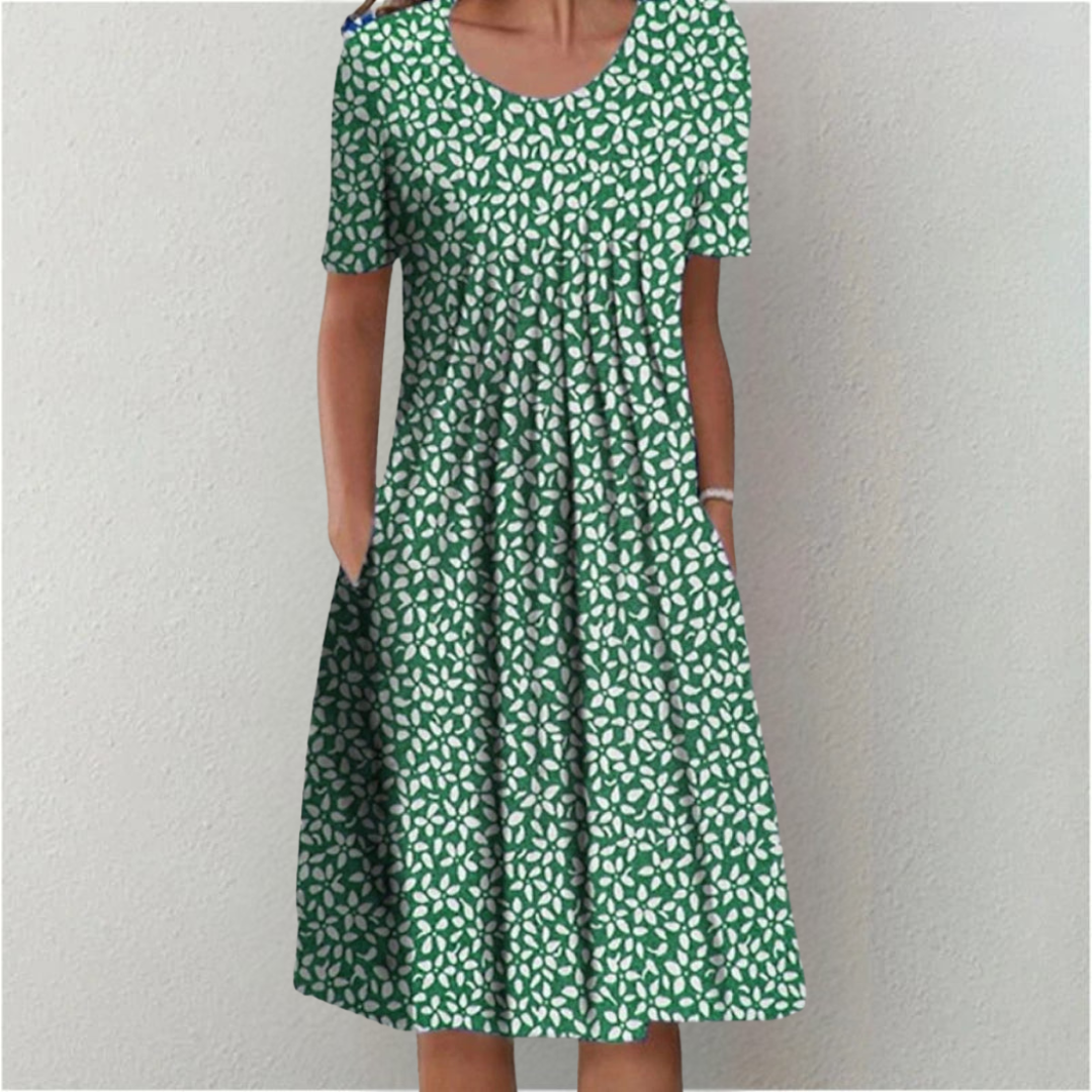 Round Neck Wildflower Print Short Sleeve Pleated Pocket Midi Dress 9