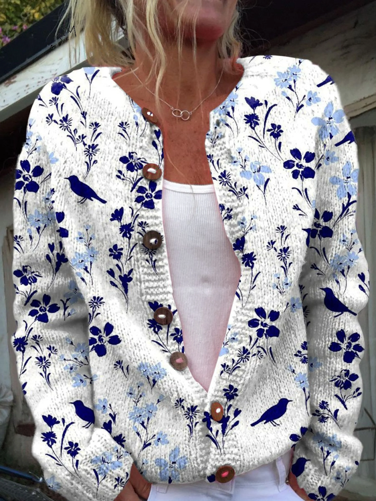 Round Neck Floral Bird Print Knit Button Cardigan