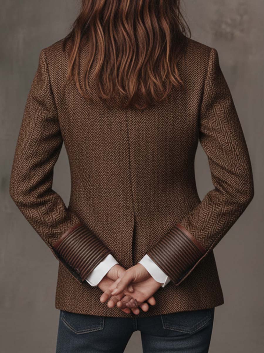 Brown Peak Lapel Herringbone Tweed Paisley Panel Leather Trim Blazer 11
