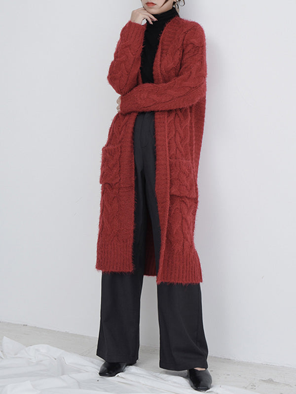Open Front Cable Knit Fuzzy Longline Pocket Cardigan