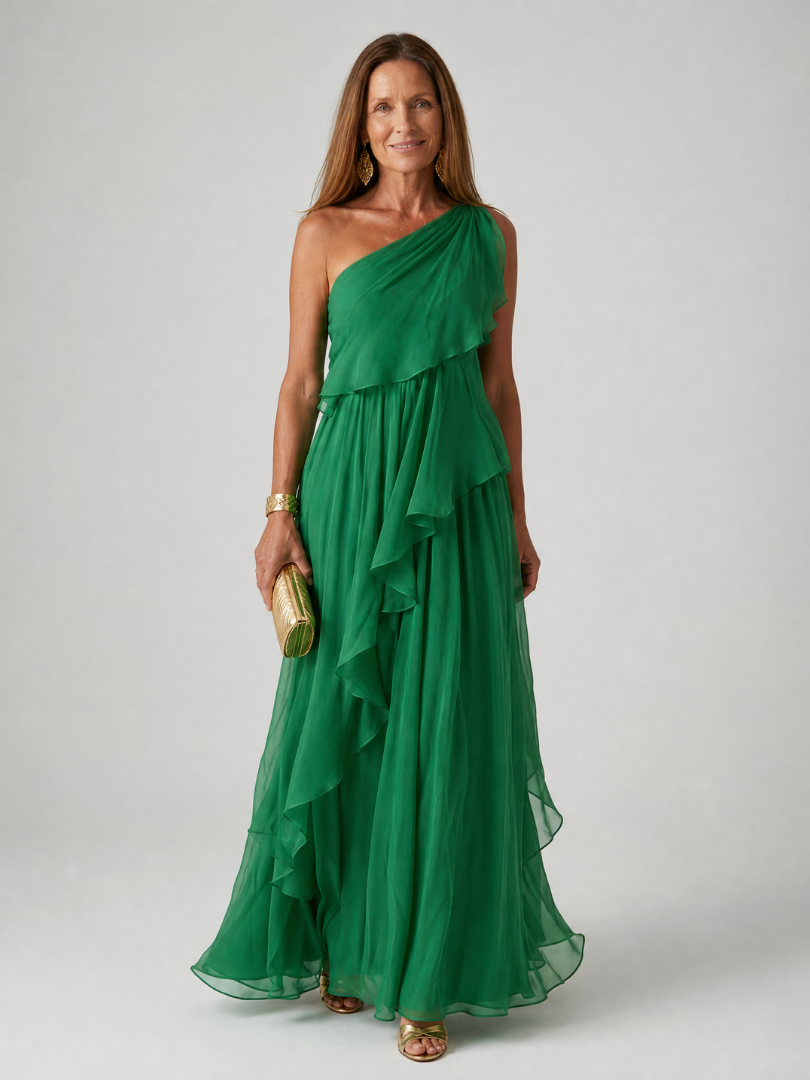 One-Shoulder Chiffon Cascade Ruffle Flowy Maxi Gown