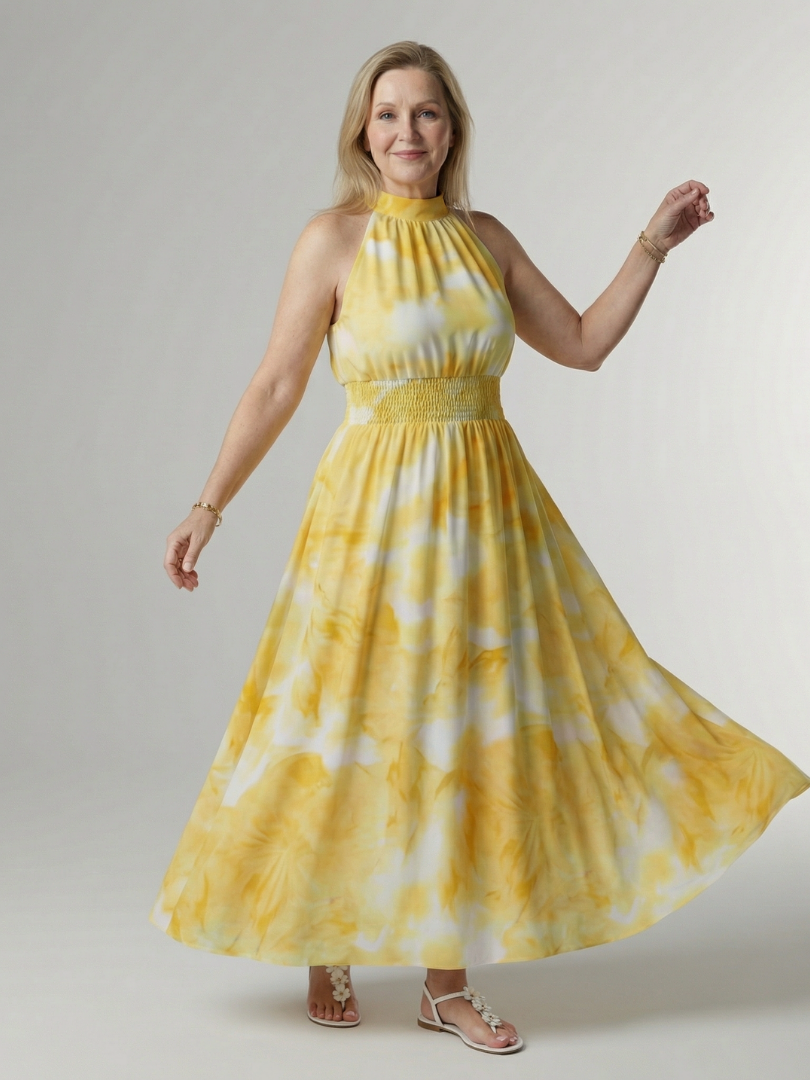 Halter High Neck Sleeveless Tie-Dye Print Shirred Waist Maxi Dress
