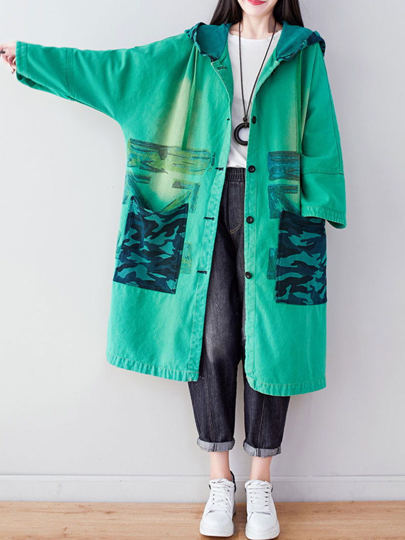 Hooded Graffiti Print Patch Pocket Long Denim Coat 2