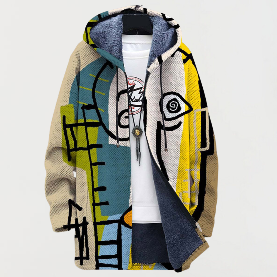 Hooded Abstract Print Zip-Front Fleece Coat 2