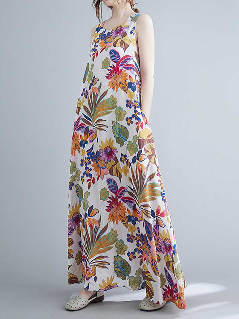 Round Neck Sleeveless Tropical Floral Print Loose A-Line Maxi Dress