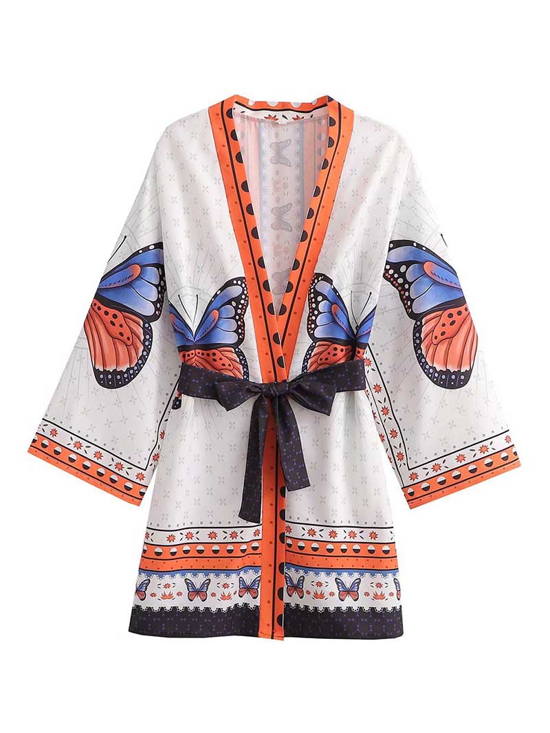 White Butterfly Print Belted Open-Front Short Kimono