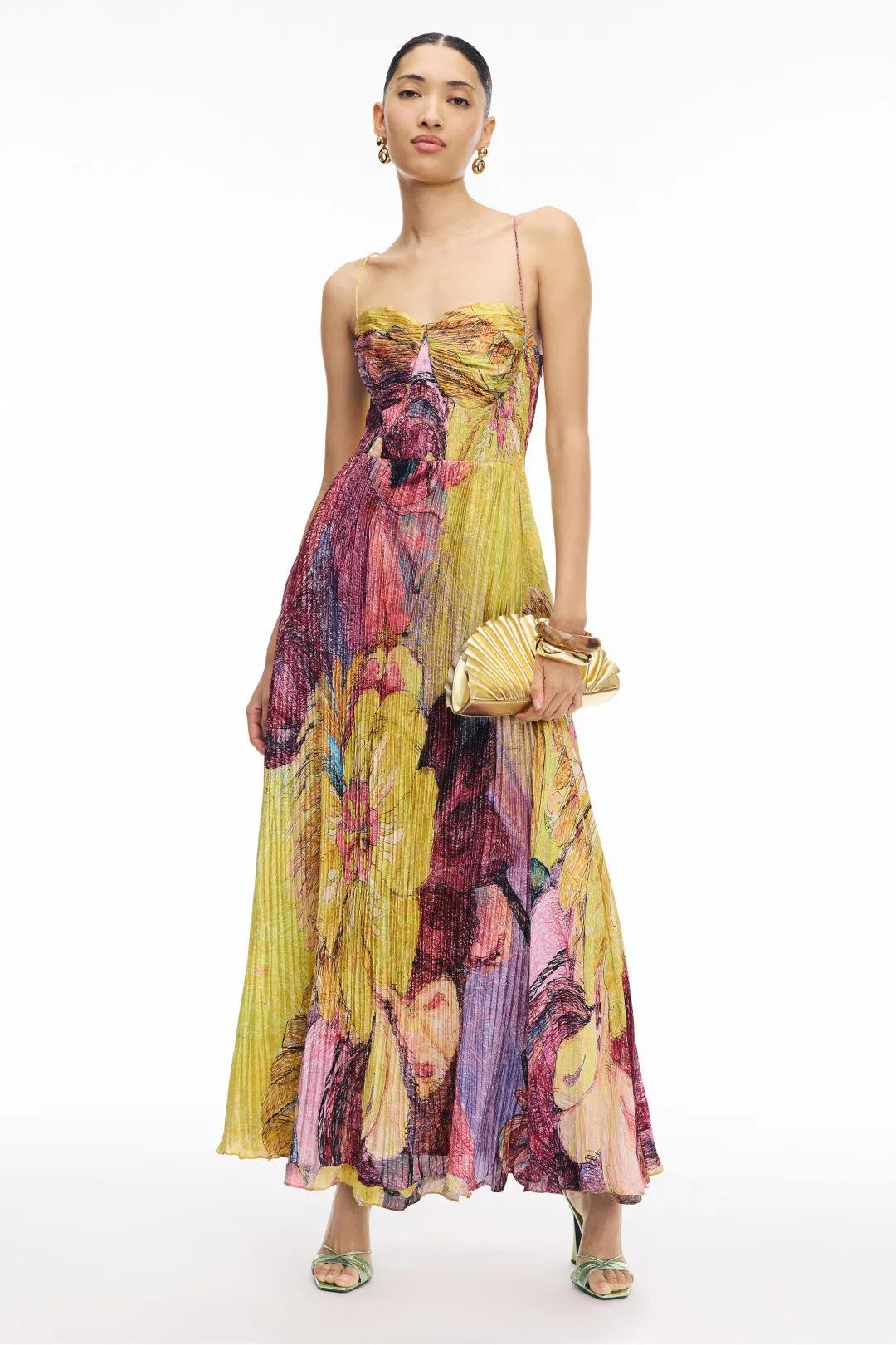 Kiara Multicolored Spaghetti Strap Floral Pleated Cutout Waist Flowy Maxi Dress