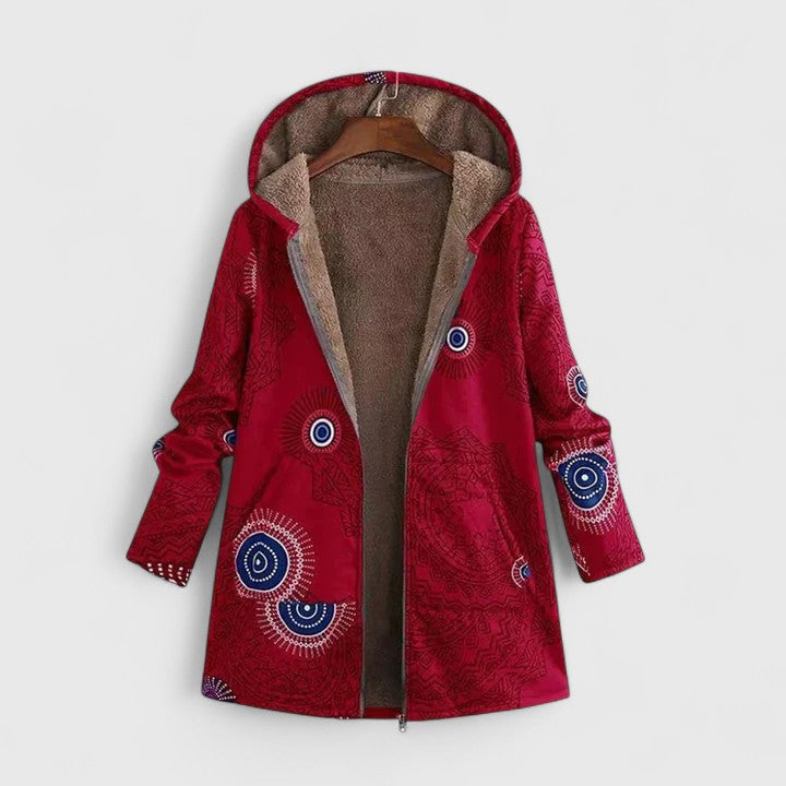 Hooded Ethnic Print Fleece-Lined Zip Front Long Sleeve Jacket