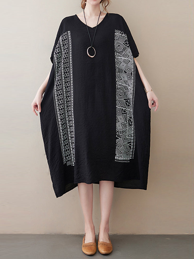 V-Neck Batwing Sleeve Geometric Print Loose Oversized Midi Dress 2