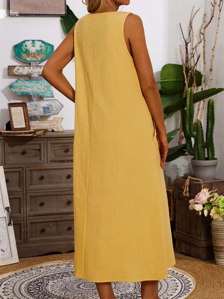 Summer Crew Neck Solid Cotton Blend Sleeveless Pocket Dress